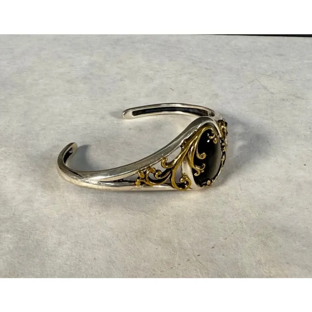 Carolyn Pollack Sterling Silver Brass Gold Sheen Obsidian Cuff Bracelet 925